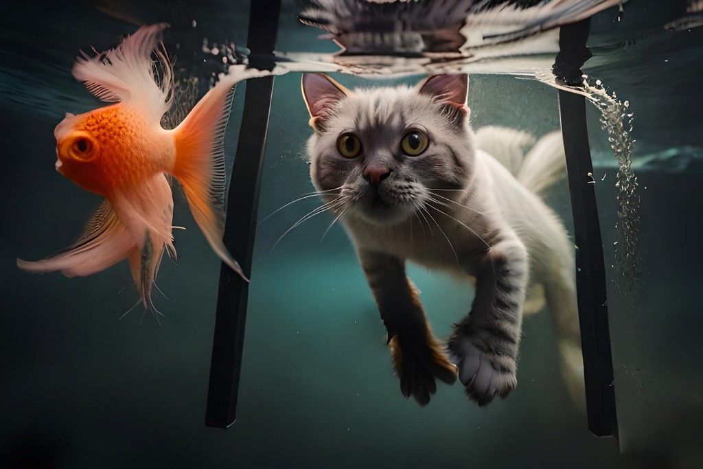 un-gatto-che-nuota-in-una-pozza-di-pesci-rossi